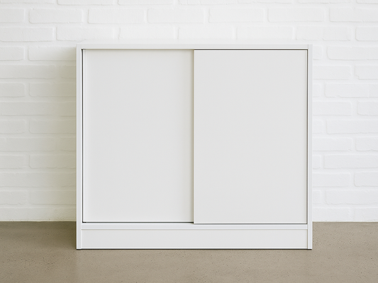 Sliding door cabinet in white laminate, 120 cm wide